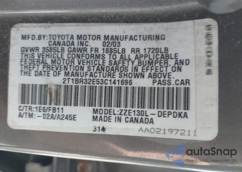 2003 Toyota Corolla Ce z USA, uszkodzony, nr VIN 2T1BR32E53C141696